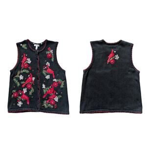 Kim Rogers Sweater Vest Womens LP Black-Red Beaded Cardinal Christmas Granny
